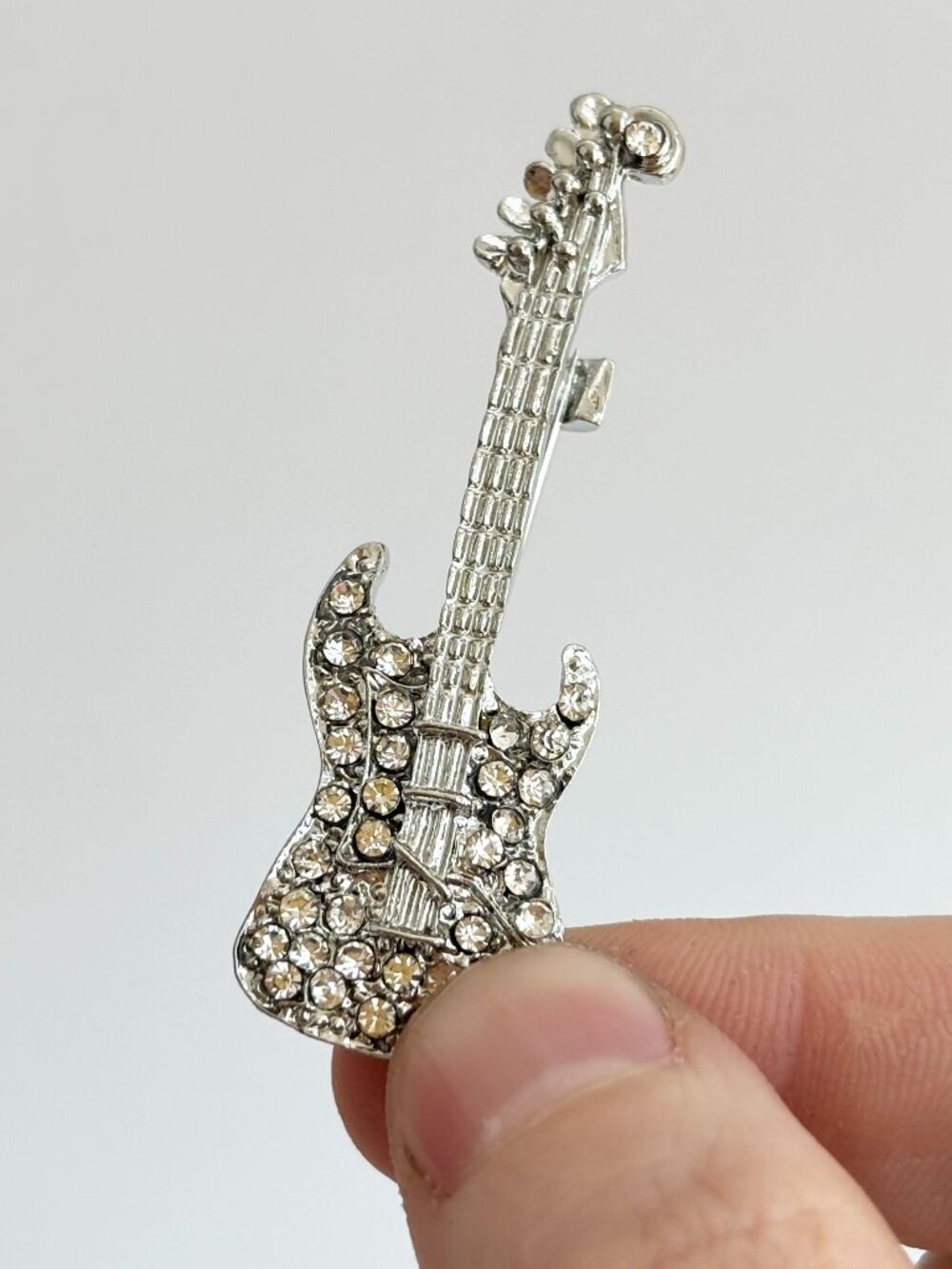 Guitar Figural Silver Toned Rhinestone Accented Textured Vintage Inspired Brooch